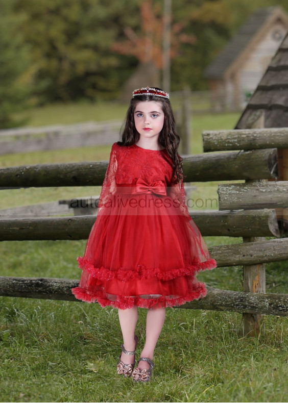 Red Lace Tulle Frill Stylish Flower Girl Dress Red Lace Tulle Frill Stylish Flower Girl Dress
